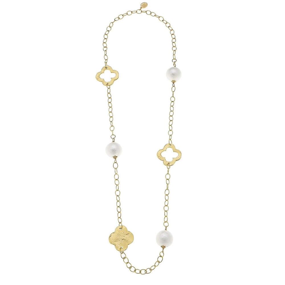 Susan Shaw Clover Cotton Pearl Chain Necklace Gold